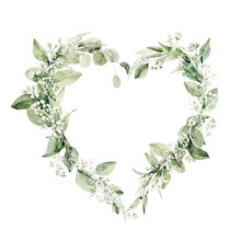 Watercolor Floral Wreath Of Greenery. Hand Painted Frame Heart Of Green Eucalyptus Leaves, Forest Fern, Gypsophila Isolated On White Background. Botanical Illustration For Design, Print