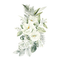 Watercolor Floral Composition. Hand Painted White Flowers, Forest Leaves Of Fern, Eucalyptus, Gypsophila. Bouquet Isolated On White Background. Botanical Illustration For Design, Print