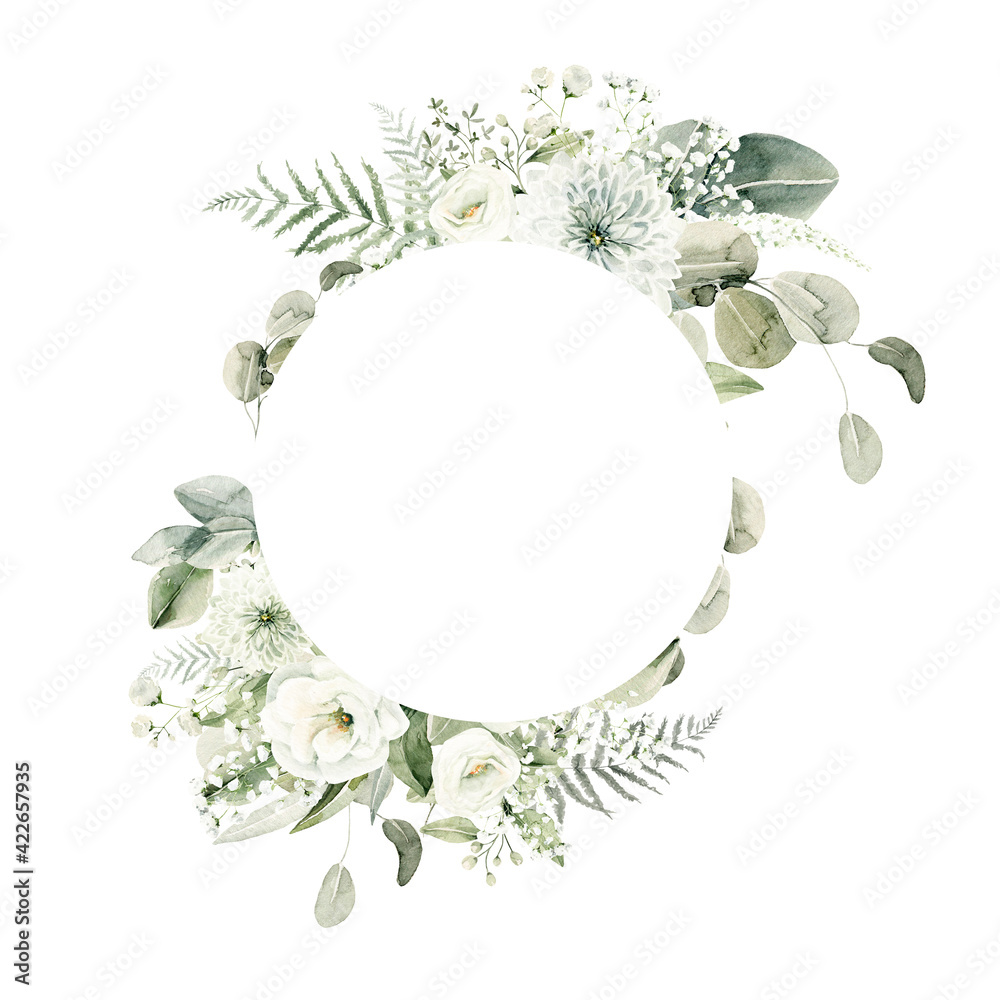 Watercolor floral wreath of greenery. Hand painted frame of white ...