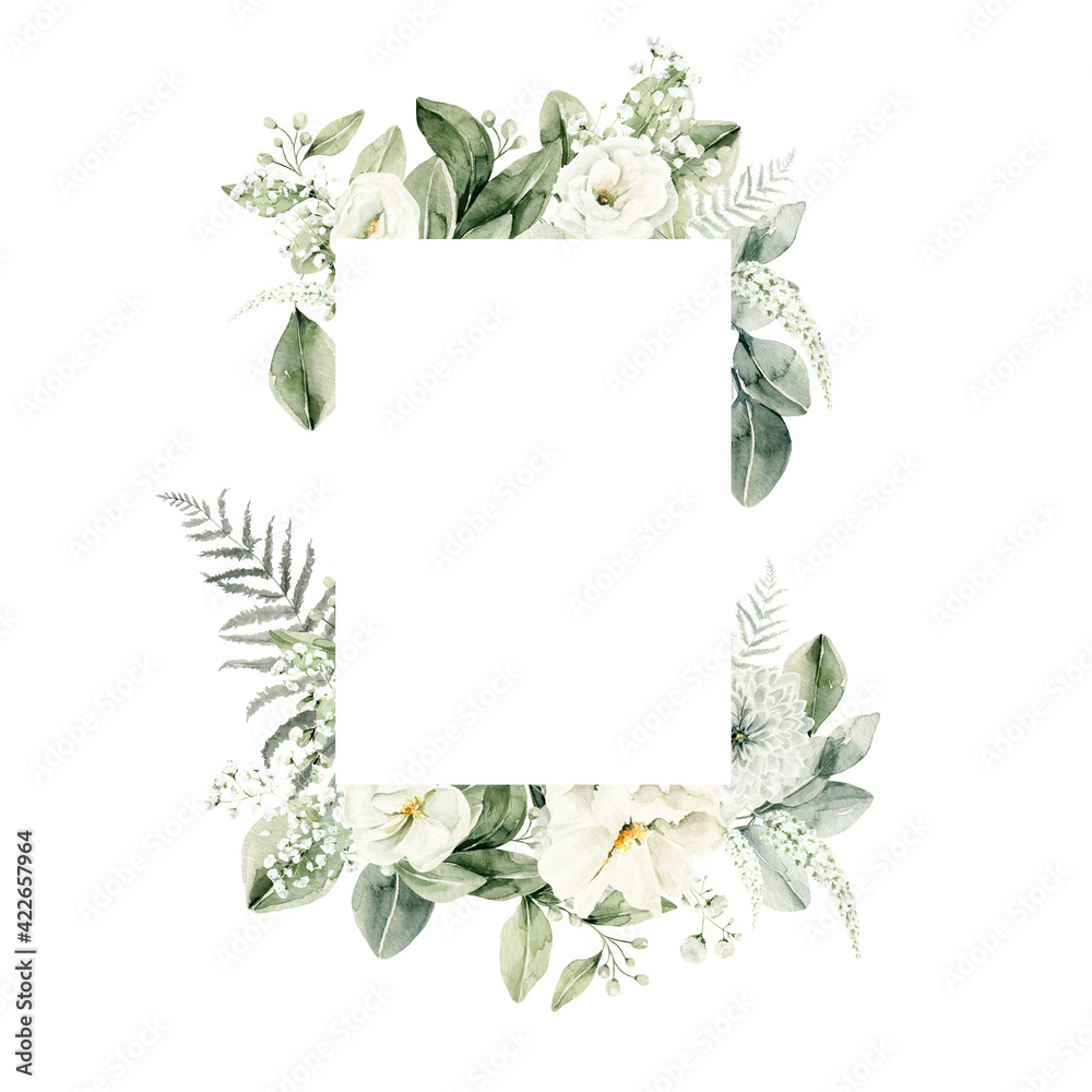 Watercolor floral wreath of greenery. Hand painted frame of white ...