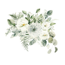 Watercolor Floral Composition. Hand Painted White Flowers, Forest Leaves Of Fern, Eucalyptus, Gypsophila. Green Bouquet Isolated On White Background. Botanical Illustration For Design, Print