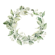 Watercolor Floral Wreath Of Greenery. Hand Painted Frame Of Green Eucalyptus Leaves, Forest Fern, Gypsophila Isolated On White Background. Botanical Illustration For Design, Print