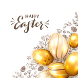 Fototapeta  - Golden Eggs and Floral Elements on White Background
