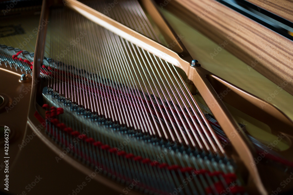 Inside grand piano background, strings in side grand piano Stock Photo
