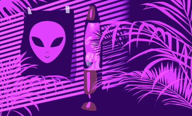 Poster - The interior of the darkroom.The shadow of the sunset falling on the wall through the louvers. Ambient retrowave citypop atmosphere.