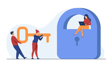 Poster - tiny people carrying key to open padlock. password, laptop, confidential flat vector illustration. s