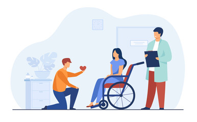 Poster - Man on knee giving heart to woman in wheelchair. Hospital, doctor, love flat vector illustration. Relationship and disability concept for banner, website design or landing web page