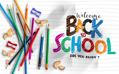 Poster - Back to school vector template banner. Welcome back to school text written in crumpled paper sheet with educational supplies items for education study design. Vector illustration

