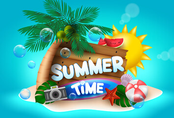 Summer time vector concept design. Summer time text in beach island with sun, palm tree, beach ball, camera and seashell elements in blue sea background. Vector illustration  
