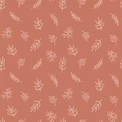 Contemporary art seamless pattern with branches, leaves, plants. Line art. Modern design