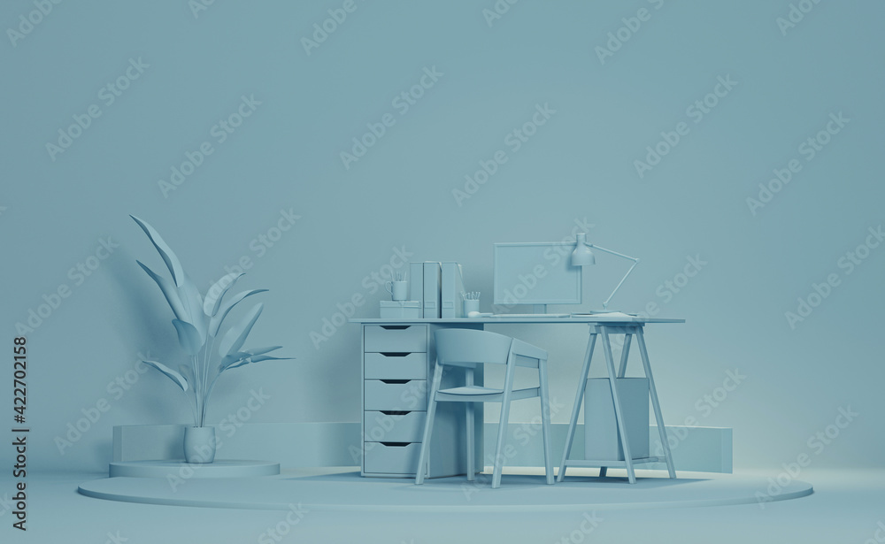 Pastel blue monochrome minimal office table desk. Minimal idea concept for study desk and workspace. Mockup template, 3d rendering - obrazy, fototapety, plakaty 