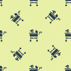 Wall Mural - Blue Pet stroller icon isolated seamless pattern on yellow background. Vector