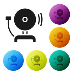 Sticker - Black Ringing alarm bell icon isolated on white background. Fire alarm system. Service bell, handbell sign, notification symbol. Set icons in color circle buttons. Vector