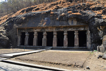 View of Entrance Cave No. 3 rock cut, Elephanta Caves, at Elephanta Island or Gharapuri, Mumbai, Maharashtra, India