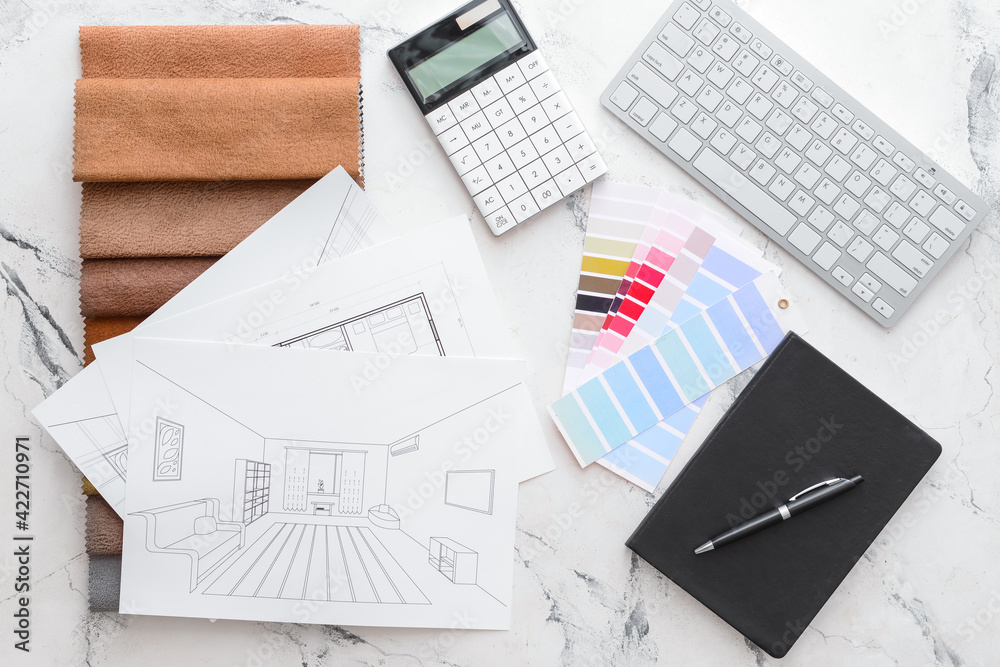 House plans, color palettes and fabric samples on light background