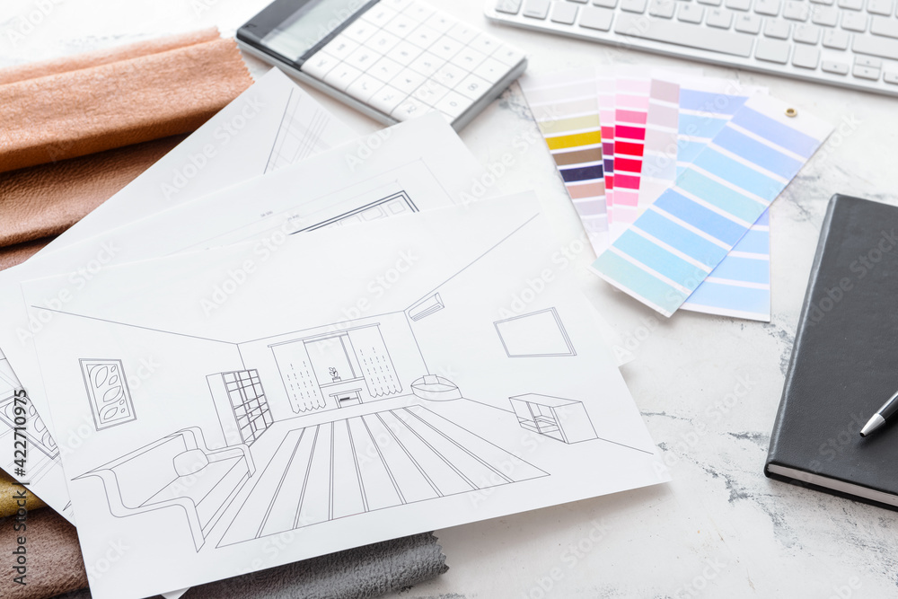 House plans, color palettes and fabric samples on light background