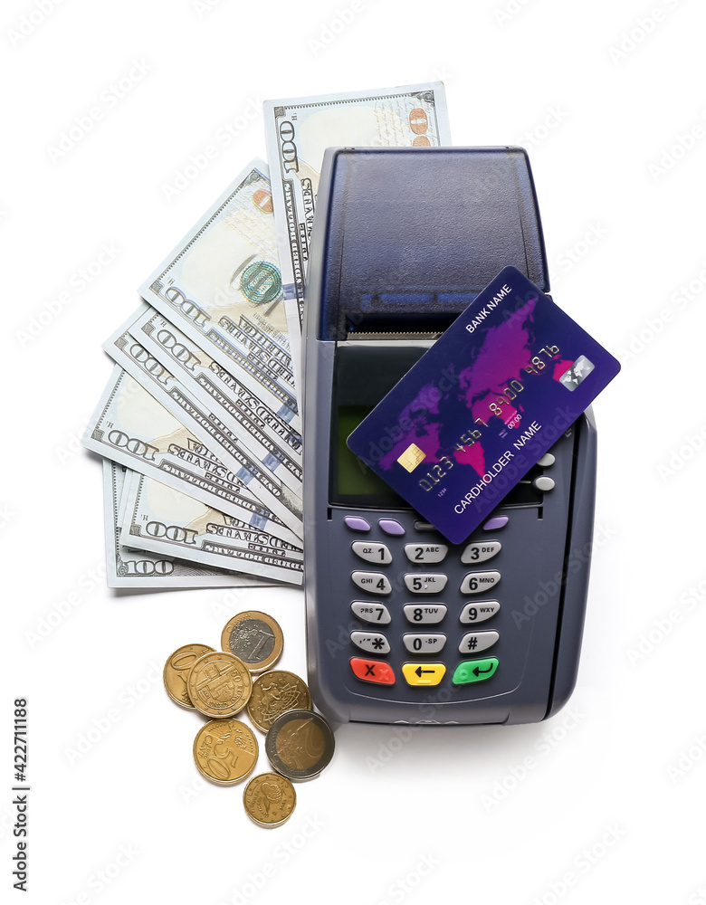 Payment terminal with credit card and money on white background