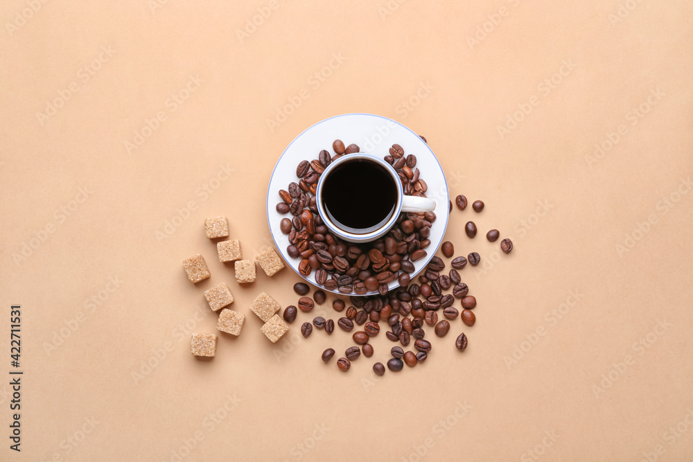 Cup of tasty hot coffee on color background