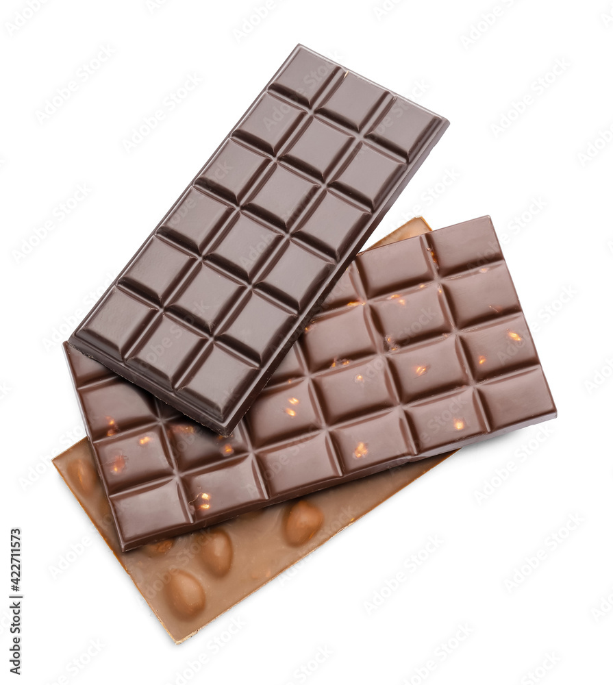 Sweet chocolate bars on white background