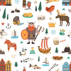 Seamless Swedish pattern with symbols of Sweden and Stockholm on white background. Endless design for printing. Scandinavian texture with viking, elk, food and ship. Colored flat vector illustration