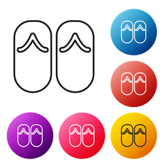 Poster - Black line Flip flops icon isolated on white background. Beach slippers sign. Set icons colorful circle buttons. Vector