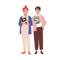 Couple Of Modern Students With Books In Hands. Young Man And Woman Holding Textbooks. Portrait Of Teenagers Standing Together. Colored Flat Vector Illustration Of Friends Isolated On White Background