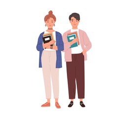 Poster - Couple of modern students with books in hands. Young man and woman holding textbooks. Portrait of teenagers standing together. Colored flat vector illustration of friends isolated on white background