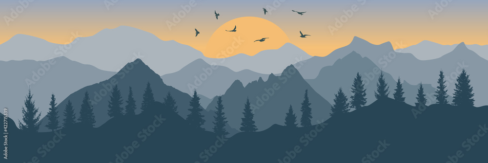 Forest and mountains and flying birds on background of sunrise, silhouette. Beautiful landscape. Wallpaper of nature. Vector illustration. - obrazy, fototapety, plakaty 