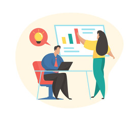 Poster - Business people brainstorming. Business workflow management and data analysis concept. Male and female cartoon characters colleagues working. Flat vector illustration