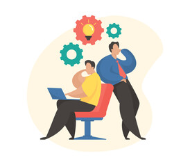 Poster - Two businessmen sharing thoughts and ideas. Brainstorm and teamwork concept. People solving problem together. Flat style vector illustration