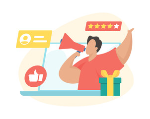Poster - Male character holding megaphone in hand while announcing an important announcement. Referral program. Social media marketing. Refer a friend promotion method