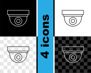 Sticker - Set line Security camera icon isolated on black and white, transparent background. Vector