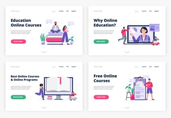 Fototapete - Online education. Women and men working with laptops, reading, watching videos and presentations. Vector flat illustrations.