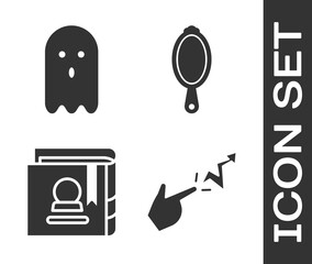 Poster - Set Spell, Ghost, Ancient magic book and Magic hand mirror icon. Vector