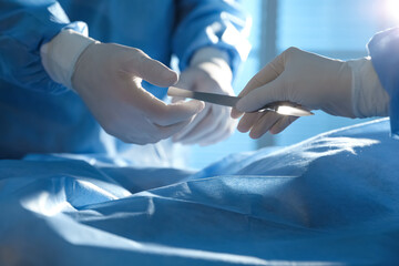 Wall Mural - Professional surgeons with instruments performing operation in clinic, closeup