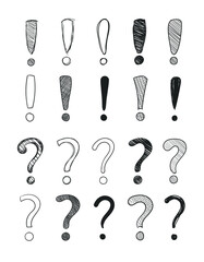 Wall Mural - vector collection on hand drawn question and exclamation marks isolated on white background, black d
