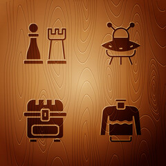 Poster - Set Sweater, Chess, Antique treasure chest and UFO flying spaceship on wooden background. Vector