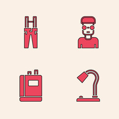 Poster - Set Table lamp, Pants with suspenders, Nerd geek and Book icon. Vector