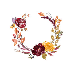 Fall floral wreath illustration. Watercolor botanical painting. Frame with burgundy, red, orange flowers and colorful autumn foliage, isolated on white background. Wedding invitation, Thanksgiving day