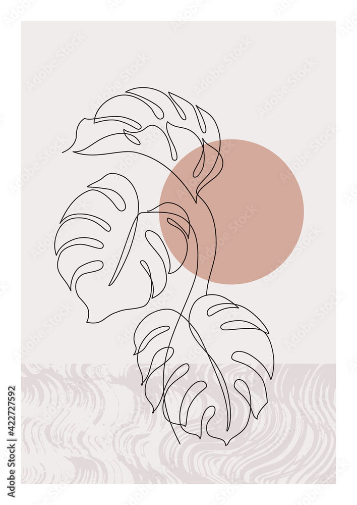 One line art monstera leaf plant poster. Elegant tropical leaf with grunge  doodle texture background. Stock Vector | Adobe Stock