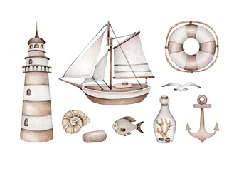 Vintage sea set:ship, lifebuoy, lighthouse, bottle, seagull, fish, anchor, shell.Vintage boat.Sea collection