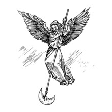 Black And White Vintage Etched Art. Ink Drawn Ghotic Religion Plot Of Medieval Good And Evil Battle. Clipart For Sticker, Tattoo, Print. Angel Flying On Wings Strikes Eye Of Moon With Spear And Kills.