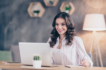 Sticker - Photo portrait of businesswoman working on laptop sitting in office taking notes smiling