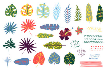 Canvas Print - Cartoon Color Abstract Tropical Leaves Icon Set. Vector