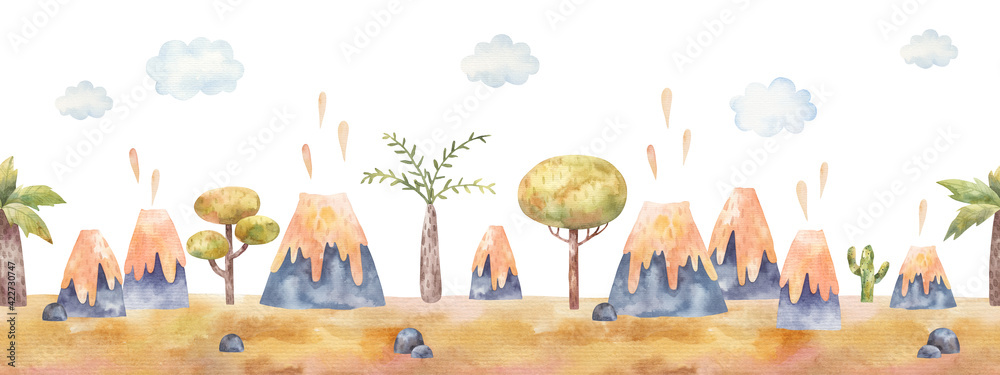 Ilustração seamless border pattern with volcanoes, trees, jungle ...