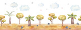 Fototapeta Dziecięca - seamless border pattern with  trees, jungle, childrens illustration in watercolor