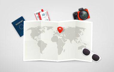 Poster - Travel illustration with paper map, digital camera, passport, sunglasses and red pin