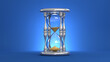 An hourglass on a blue background. Falling yellow sand. 3D-rendering.