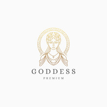 Luxurious Greek Goddess Woman With Line Style Logo Icon Design Template. Demeter, Persephone, Hera Aphrodite, Hestia, Flat Modern Vector Illustration