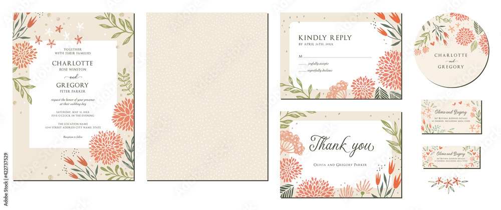 Universal hand drawn floral templates in warm colors perfect for an autumn or summer wedding and birthday invitations, menu and baby shower. - obrazy, fototapety, plakaty 